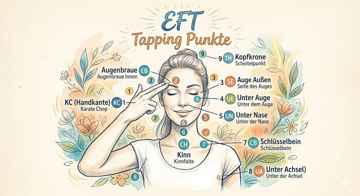 Illustration der neun EFT-Klopfpunkte: Handkante, Augenbraue, Auge außen, unter Auge, unter Nase, Kinn, Schlüsselbein, unter Achsel, Kopfkrone